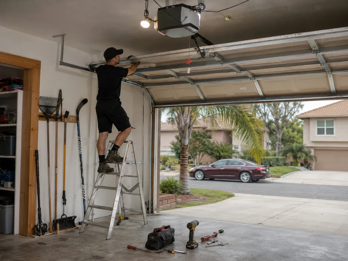 A garage door repair technician servicing a sectional garage door